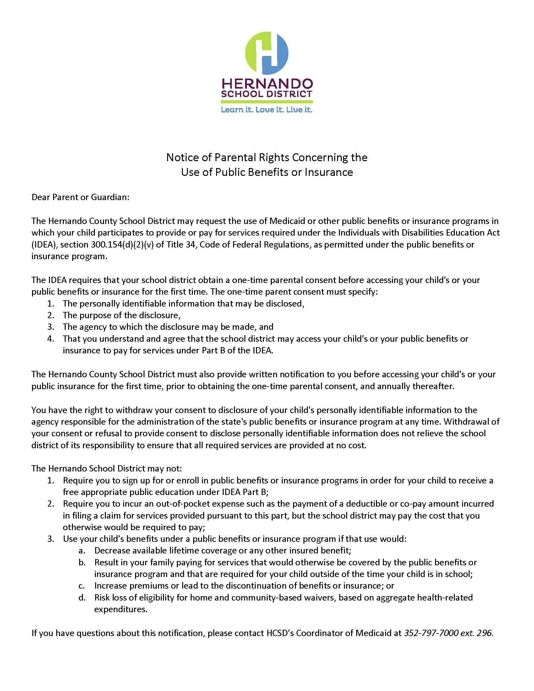 Notice of Parental Rights Concerning the Use of Public Benefits or Insurance