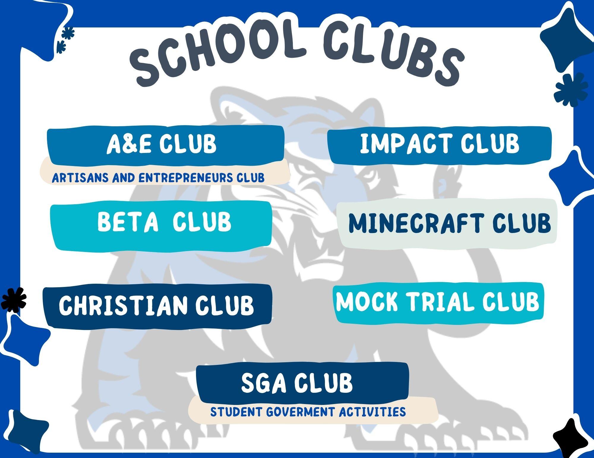 FCMS School Clubs A&E Clubs, Beta Club, Christian Club, Impact Club, Minecraft club, Mock Trail club and SGA Club. 