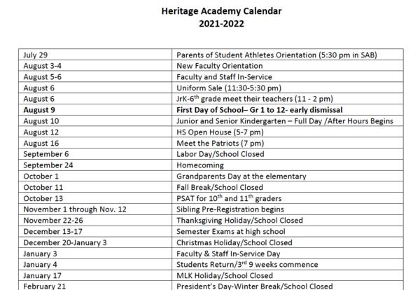 2021-2022 Academic Calendar - Updated | Heritage Academy