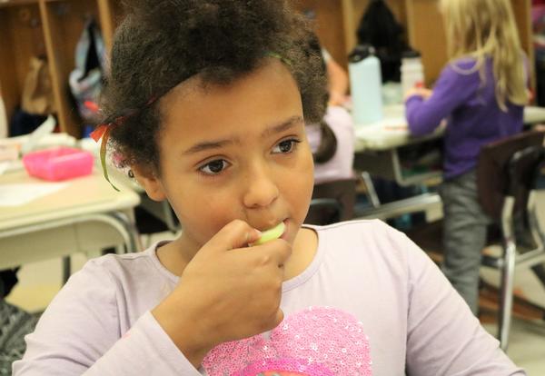 A second-grade students samples a cucumber.