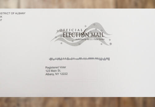 A photo of the outside of an absentee ballot envelope