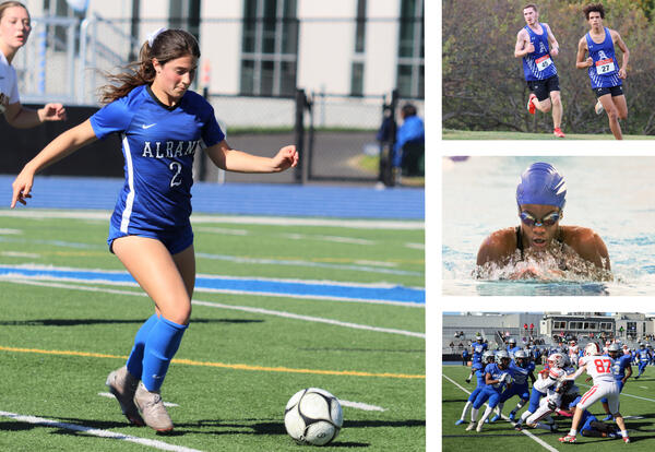 Collage of sports photos including girls' soccer, boys' cross country, girls' swimming and football
