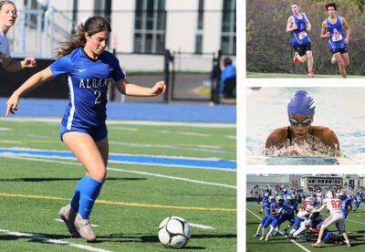 Collage of sports photos including girls' soccer, boys' cross country, girls' swimming and football