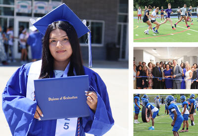 Picture collage: Class of 2025 graduate, girls' soccer practice, ribbon cutting ceremony, football practice
