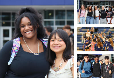 Picture collage: three photos of students on first day of school, one photo of volleyball game win