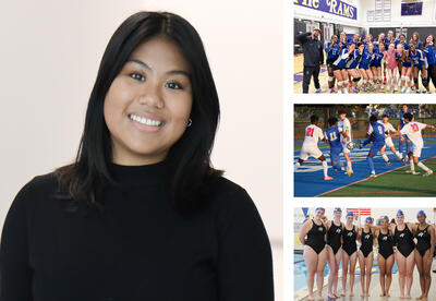 Picture collage: Celine Casasola, volleyball group photo, boys' soccer game photo and girls' swimming and diving team photo