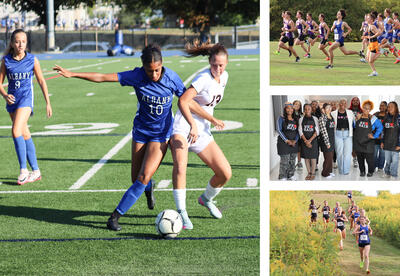 Picture collage: girl's soccer, boys' cross country, cosmetology students and teacher, girls' cross country