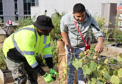 Student pruning a plant with a Department of General Services gardener