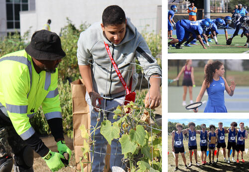 Picture collage: Best Buddies gardening project, football game, tennis match and boys' cross country race winners