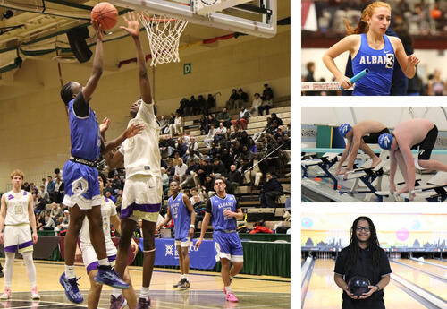 Collage of sports photos including boys' basketball, girls' indoor track, boys' swimming and diving and bowling