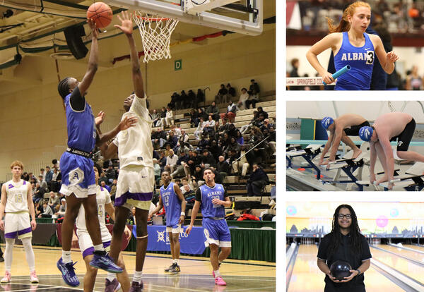 Collage of sports photos including boys' basketball, girls' indoor track, boys' swimming and diving and bowling