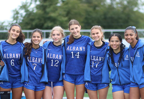 Girls' varsity soccer seniors posing for a group photo