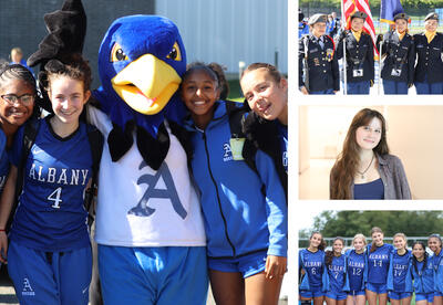 Collage of photos: students at Homecoming with Falcon mascot, JROTC students at Homecoming with flags, Anna Ustin and seniors on girls' soccer team