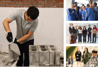 Collage of photos: student on construction technology field trip, students at bocce game, area all-state music festival participants and professional development day at Albany High