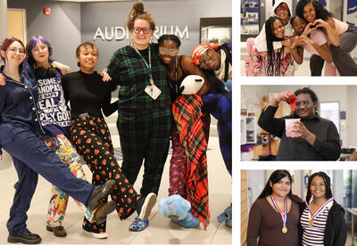 Collage of photos: PJ day spirit week, Pink Day spirit week, student performing chemistry lab and two chili cookoff winners