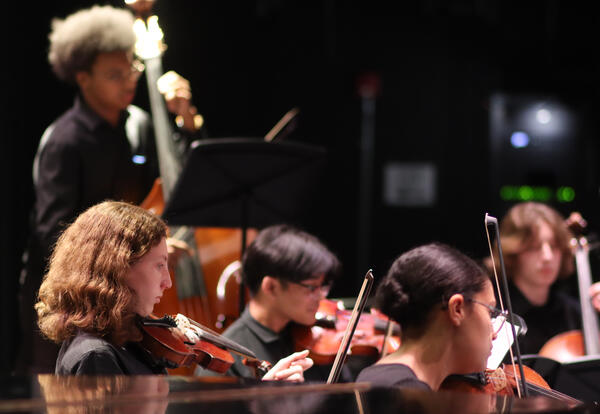 Students onstage playing bass, violin, viola and cello