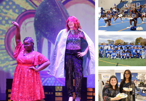 Collage of photos: Heroes Cabaret photo, cheerleading competition, football senior celebration and International club gathering