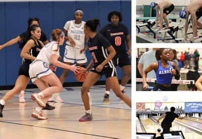 Collage of winter sports photos: girls' basketball, boys' swimming, girls' indoor track and bowling