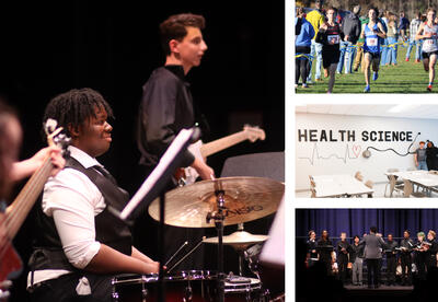 Collage of photos: Drummers at Chamber Concert, Noah Bizer at sectional race, Edward "E.J." Verhoff with artwork and singers at Chamber Concert
