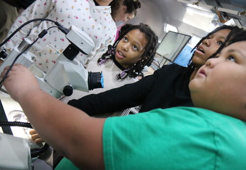 Students practice using a  microscope.