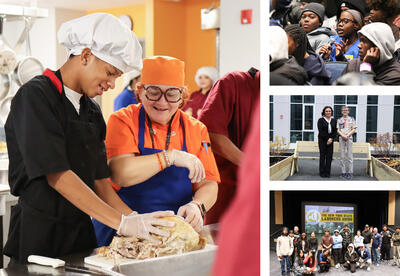 Collage of photos: culinary student preparing a turkey, student sharing at civic mission assembly, Henry Roberts posing with service project, students at Lunch and Learn event about trades
