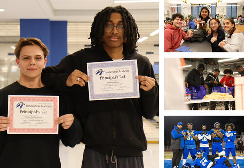 Collage of photos: Q1 honor roll picture of two students, group of students during "Bugsgiving" lesson, Thanksgiving food bag packing and Exceptional Senior All-Star game athletes