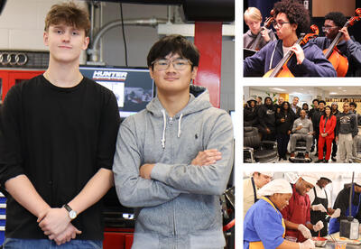 Collage of photos: auto interns Alpas and Hardage, orchestra rehearsal, NY Secretary of State visiting 91ɫ High barber shop, culinary students preparing holiday cookies