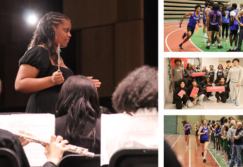 Collage of photos: student conductor at winter concert, Nasief Smith at indoor track meet, cosmetology and barbering students, Tess Moore at indoor track meet