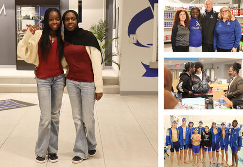 Collage of photos: students dressed for twin day, staff members in Falcon Market, students at civics fair, boys' swimming team