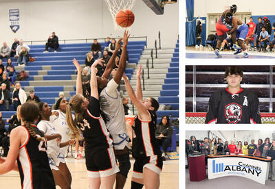 Collage of photos: girls' basketball team in action, boys' wrestling competition, hockey player Mitchell Cartwright and students on Channel Albany field trip