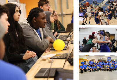 Collage of photos: robotics club brainstorming session, boys' basketball team in action, girls' wrestling match, team photo of robotics club