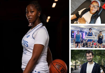 Collage of photos: Akarri Gaddy with basketball, student at blood drive, Noah Bizer on podium, headshot of Adam Aleksic