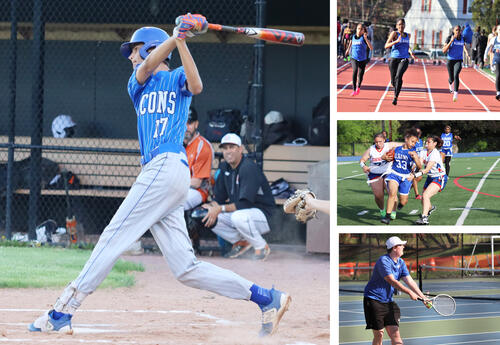 Collage of sports photos including baseball, girls' outdoor track and field, girls' flag football and boys' tennis