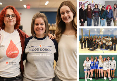 Collage of photos: blood drive, Falcon artists, JROTC cadets and girls' wrestling team