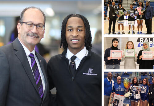 Collage of photos: UAlbany event, girls' basketball senior night, honor roll celebration, cheerleading senior celebration