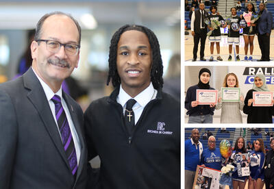 Collage of photos: U�鶹Ӱ�� event, girls' basketball senior night, honor roll celebration, cheerleading senior celebration