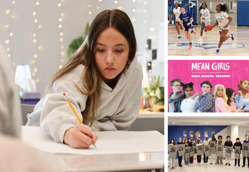 Collage of photos: student in English 11 class, girls' basketball quarterfinal game, Mean Girls promo photo and indoor track seniors