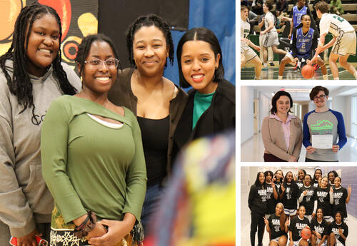 Collage of photos: students with Mayor Dr. Dorcey L. Applyrs, boys' basketball quarterfinal game, National Merit Scholarship Finalist Kailas Bouget with Principal Jodi Commerford and Ahniysha "Baby" Jackson with girls' basketball team