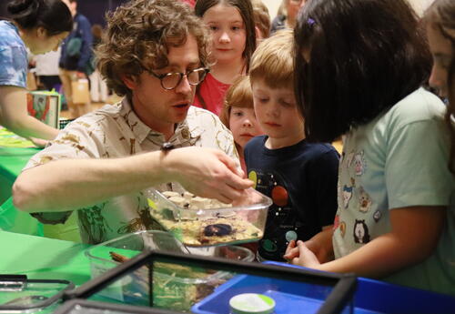 Students inspect cockroaches during a science night at school