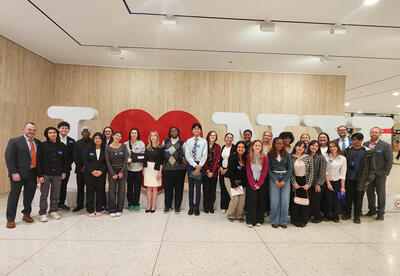 Group photograph of the students on the field trip at the state capitol