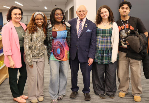 Congressman Tonko with Principal Jodi Commerford and four students who attended the event