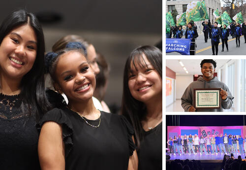 Collage of photos: All-City Concert vocalists, Marching Falcons performing in St. Patrick's Day parade, Kha'Davier Farmer with award, Mean girls performance