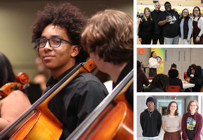 Collage of photos: All-City Strings concert, unified bowling party, civics power mapping workshop, three art students