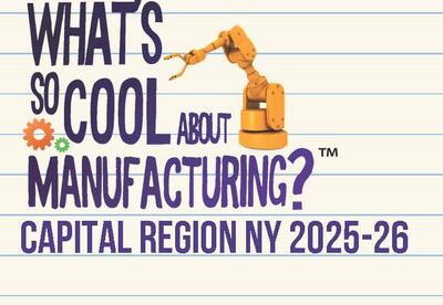 A logo promoting the what's so cool about manufacturing contest