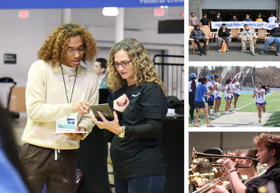 Collage of photos: Junior Achievement Stock Market Challenge, students with Adirondack chairs, girls' lacrosse, All-City Band Concert
