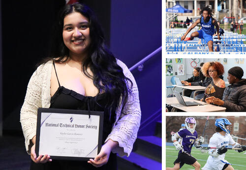 Collage of photos: student at NTHS induction, student running hurdles at boys' track meet, students participating in JA Titan in business class, student playing boys' lacrosse