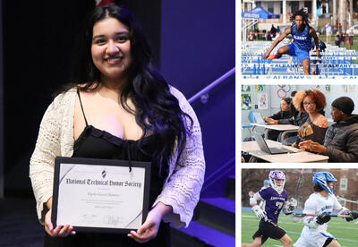 Collage of photos: student at NTHS induction, student running hurdles at boys' track meet, students participating in JA Titan in business class, student playing boys' lacrosse