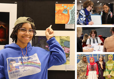 Collage of photos: student at Media Arts Festival, Gail Jarrow with student at book signing, student leader at Serve Albany Brunch, group of four students at Culture Fest