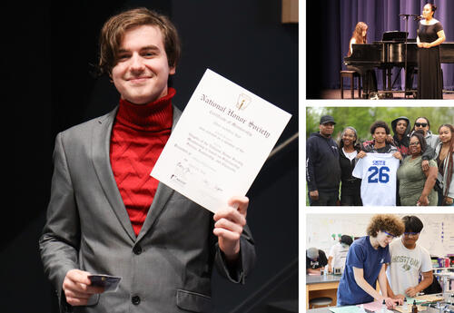 Collage of photos: student at National Honor Society Induction, recital performance at Tri-M Music Honor Society induction, outdoor track athlete with loved ones at senior night, two students in chemistry lab
