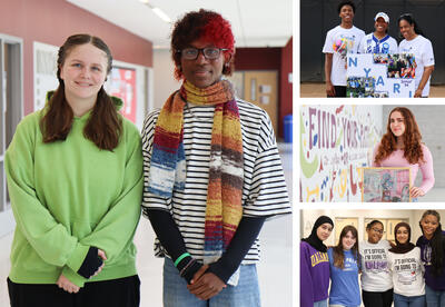 Collage of photos: new student board of education members, softball senior and her family, Sienna Stewart with award winning artwork, students in college gear on National Decision Day